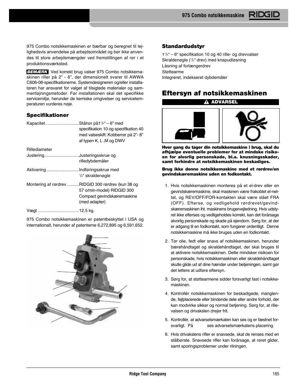 Eftersyn af notsikkemaskinen, Specifikationer, Standardudstyr | 975 combo notsikkemaskine | RIDGID Combo Roll Groover User Manual | Page 187 / 490