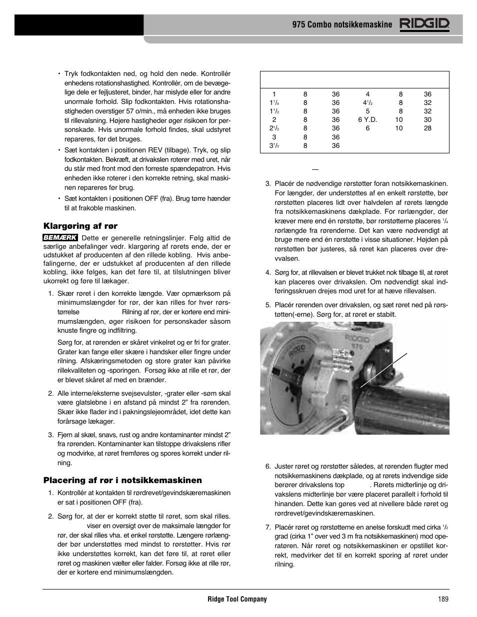 Klargøring af rør, Placering af rør i notsikkemaskinen, 975 combo notsikkemaskine | RIDGID Combo Roll Groover User Manual | Page 191 / 490