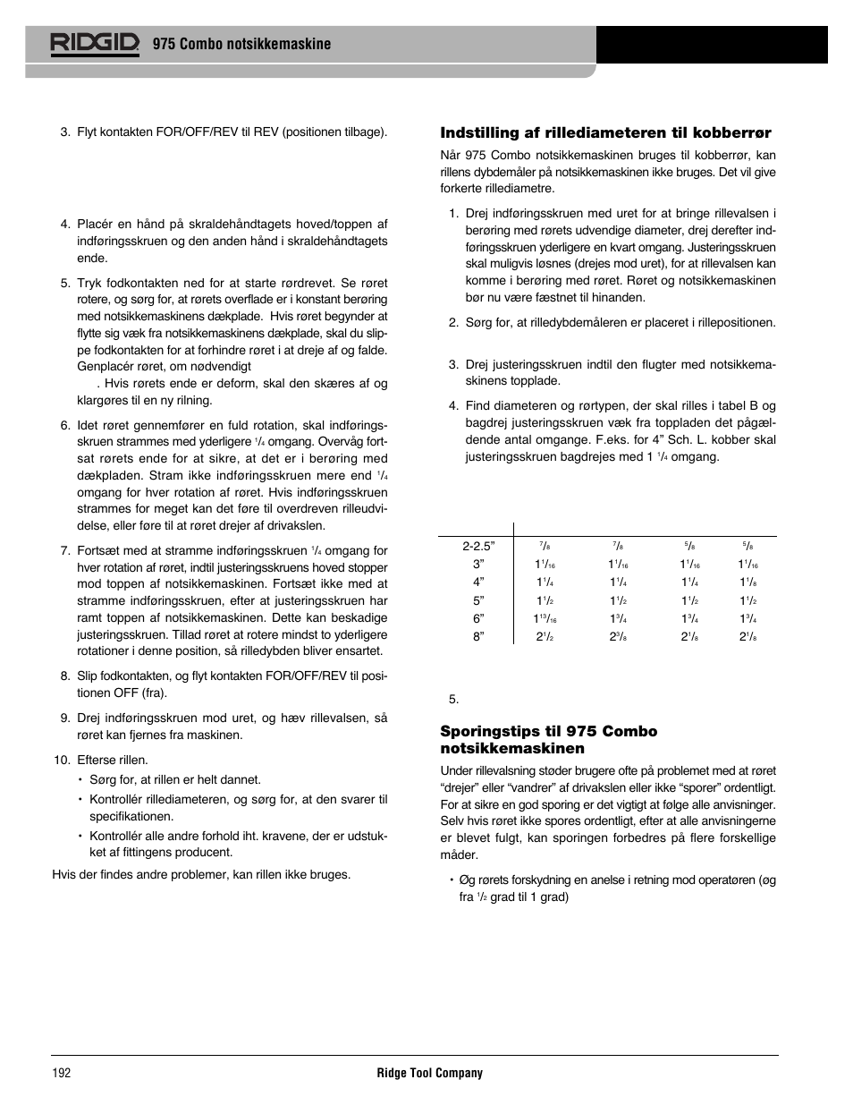 Indstilling af rillediameteren til kobberrør, Sporingstips til 975 combo notsikkemaskinen, 975 combo notsikkemaskine | RIDGID Combo Roll Groover User Manual | Page 194 / 490