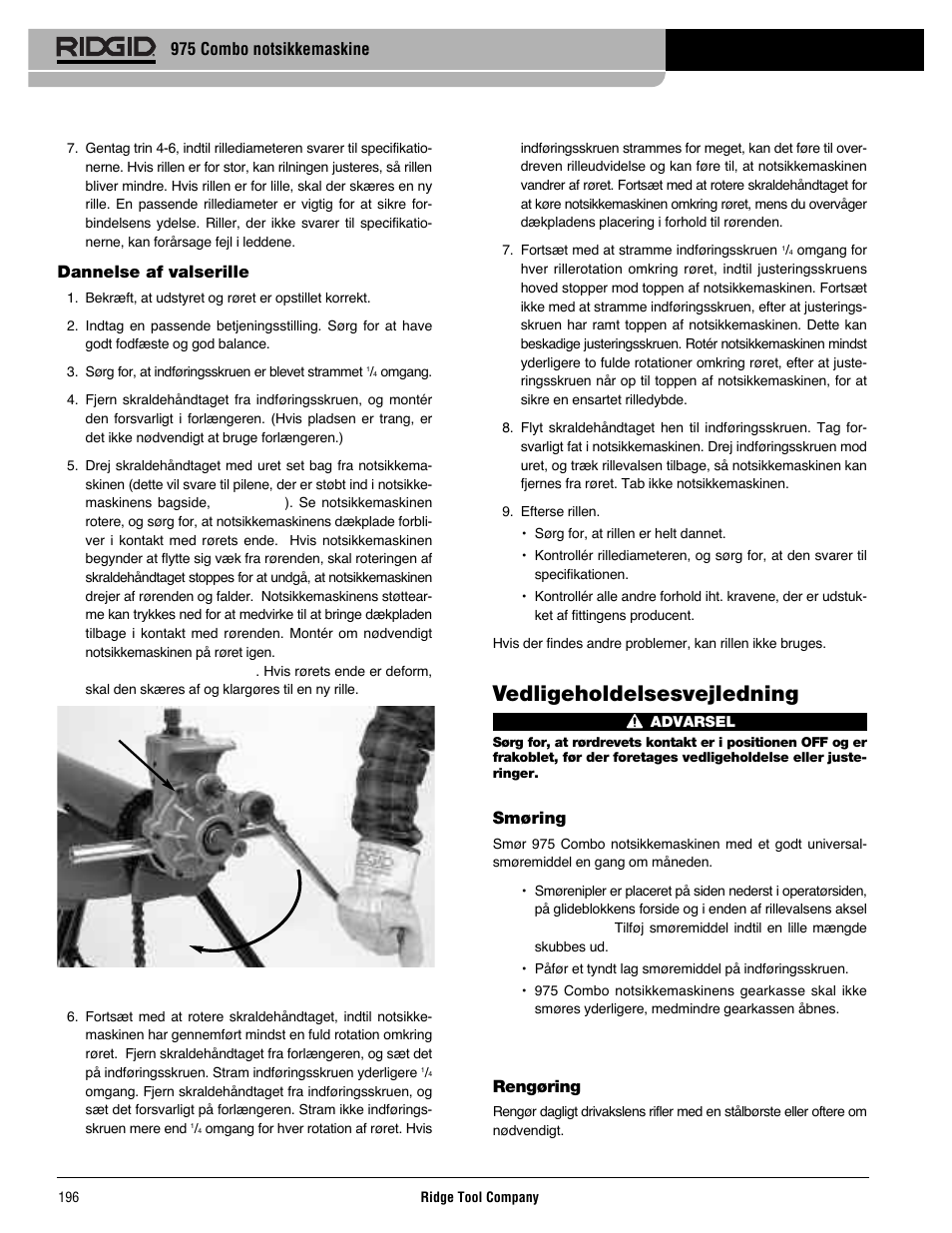 Vedligeholdelsesvejledning | RIDGID Combo Roll Groover User Manual | Page 198 / 490