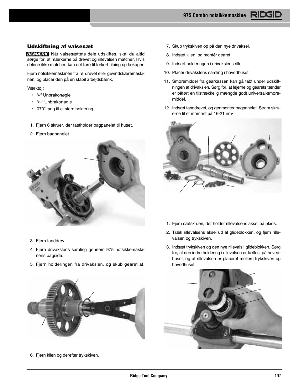 Udskiftning af valsesæt, 975 combo notsikkemaskine | RIDGID Combo Roll Groover User Manual | Page 199 / 490