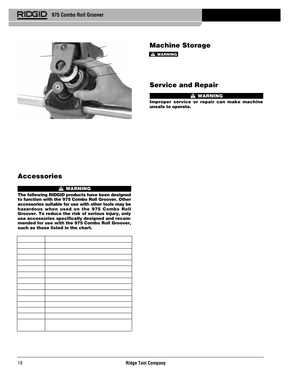 Machine storage, Service and repair, Accessories | RIDGID Combo Roll Groover User Manual | Page 20 / 490