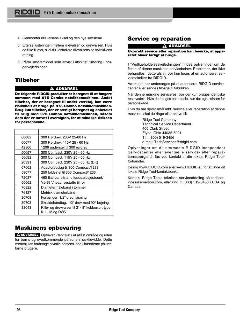 Service og reparation, Tilbehør, Maskinens opbevaring | RIDGID Combo Roll Groover User Manual | Page 200 / 490