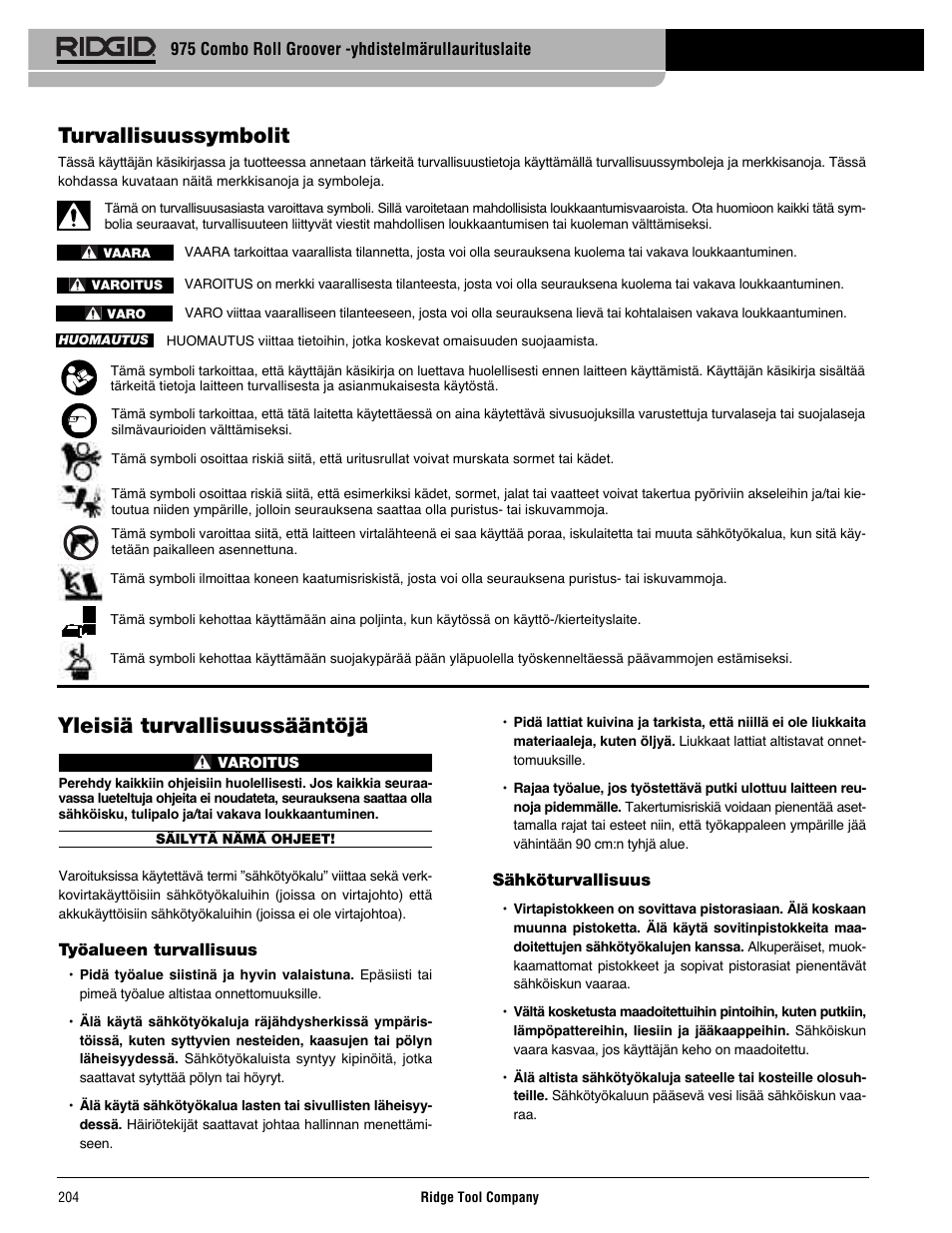 Yleisiä turvallisuussääntöjä, Turvallisuussymbolit | RIDGID Combo Roll Groover User Manual | Page 206 / 490