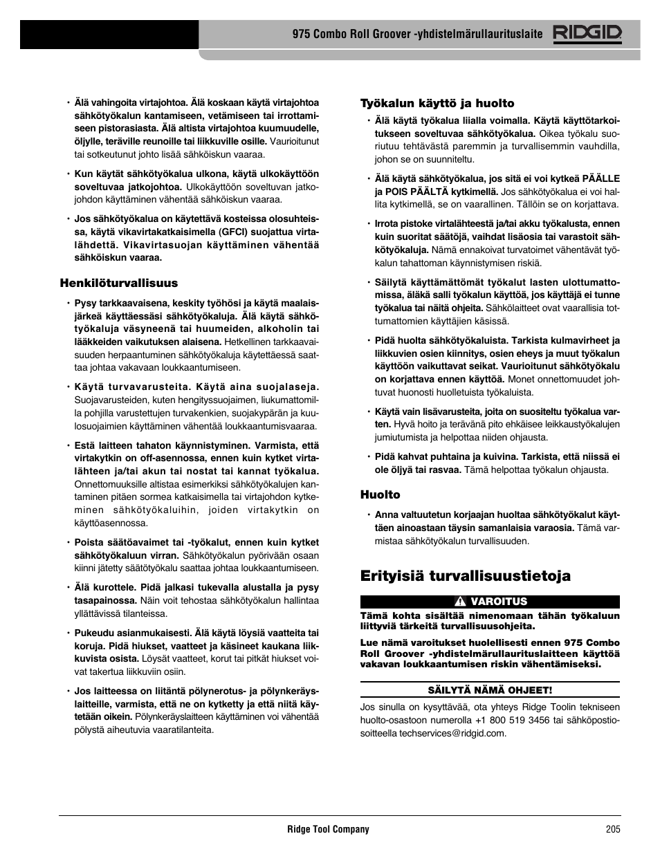 Erityisiä turvallisuustietoja | RIDGID Combo Roll Groover User Manual | Page 207 / 490