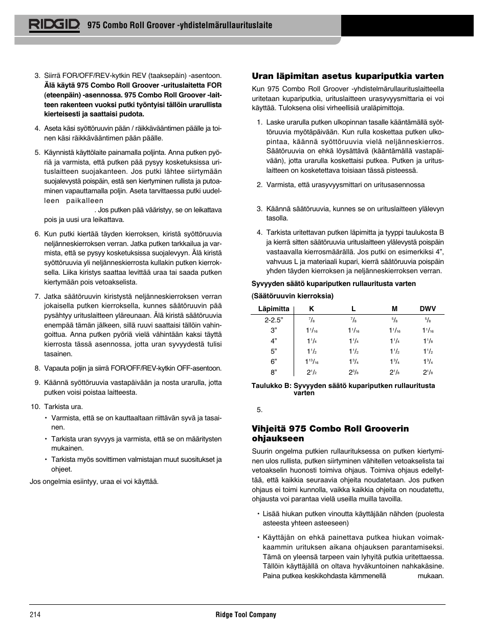 Uran läpimitan asetus kupariputkia varten, Vihjeitä 975combo roll grooverin ohjaukseen, 975 combo roll groover -yhdistelmärullaurituslaite | RIDGID Combo Roll Groover User Manual | Page 216 / 490