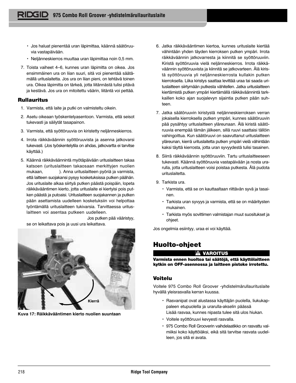 Huolto-ohjeet | RIDGID Combo Roll Groover User Manual | Page 220 / 490