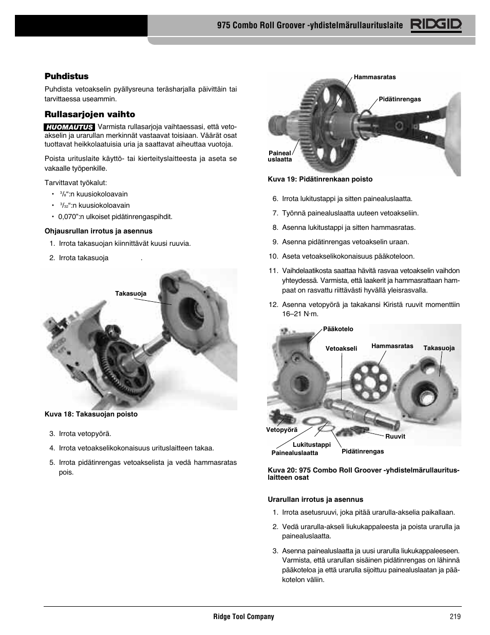 Puhdistus, Rullasarjojen vaihto, 975 combo roll groover -yhdistelmärullaurituslaite | RIDGID Combo Roll Groover User Manual | Page 221 / 490