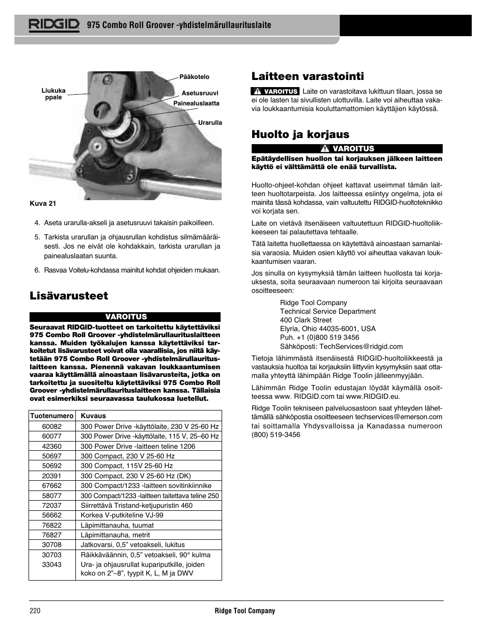 Laitteen varastointi, Huolto ja korjaus, Lisävarusteet | RIDGID Combo Roll Groover User Manual | Page 222 / 490