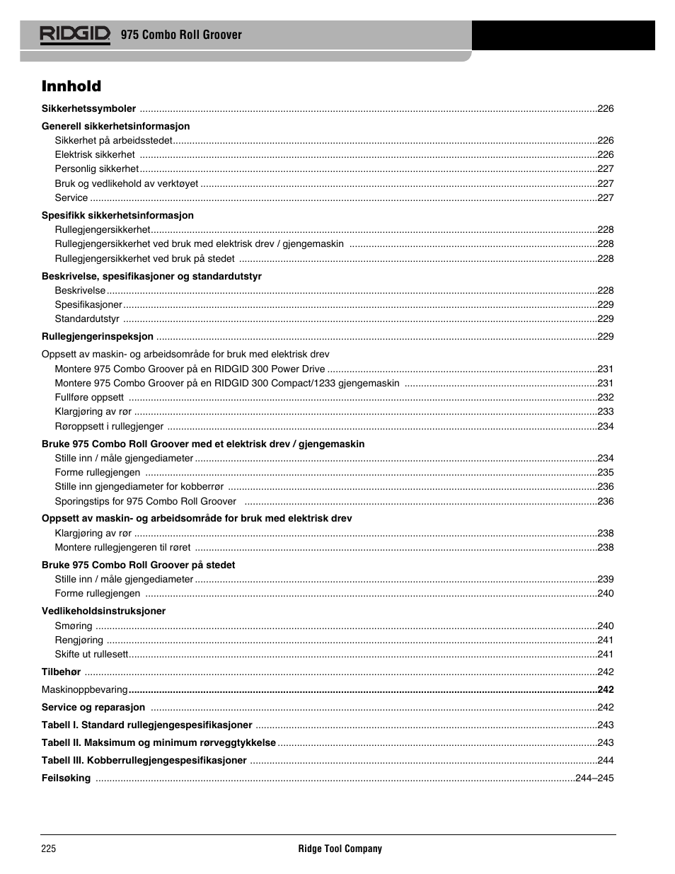 Innhold | RIDGID Combo Roll Groover User Manual | Page 227 / 490