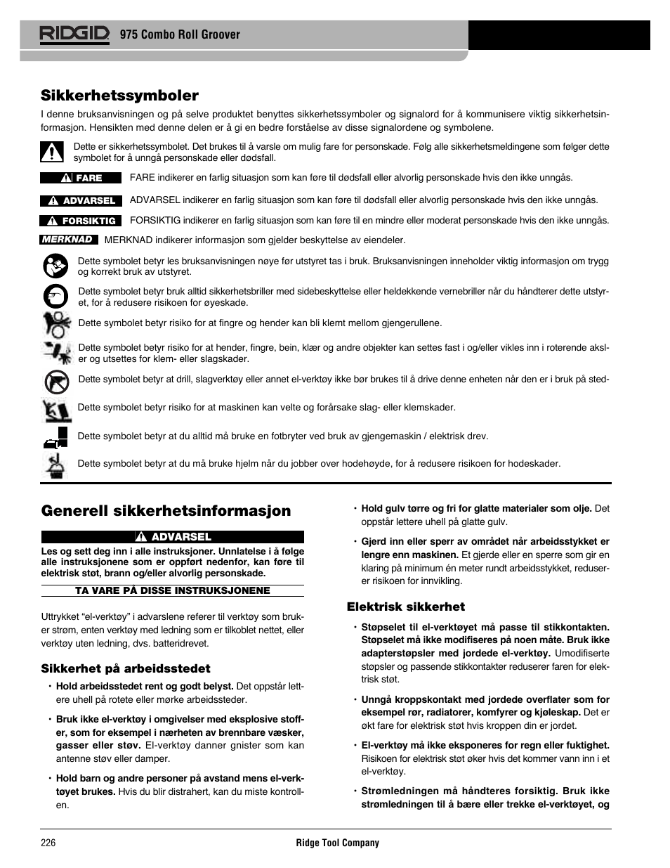 Generell sikkerhetsinformasjon, Sikkerhetssymboler | RIDGID Combo Roll Groover User Manual | Page 228 / 490