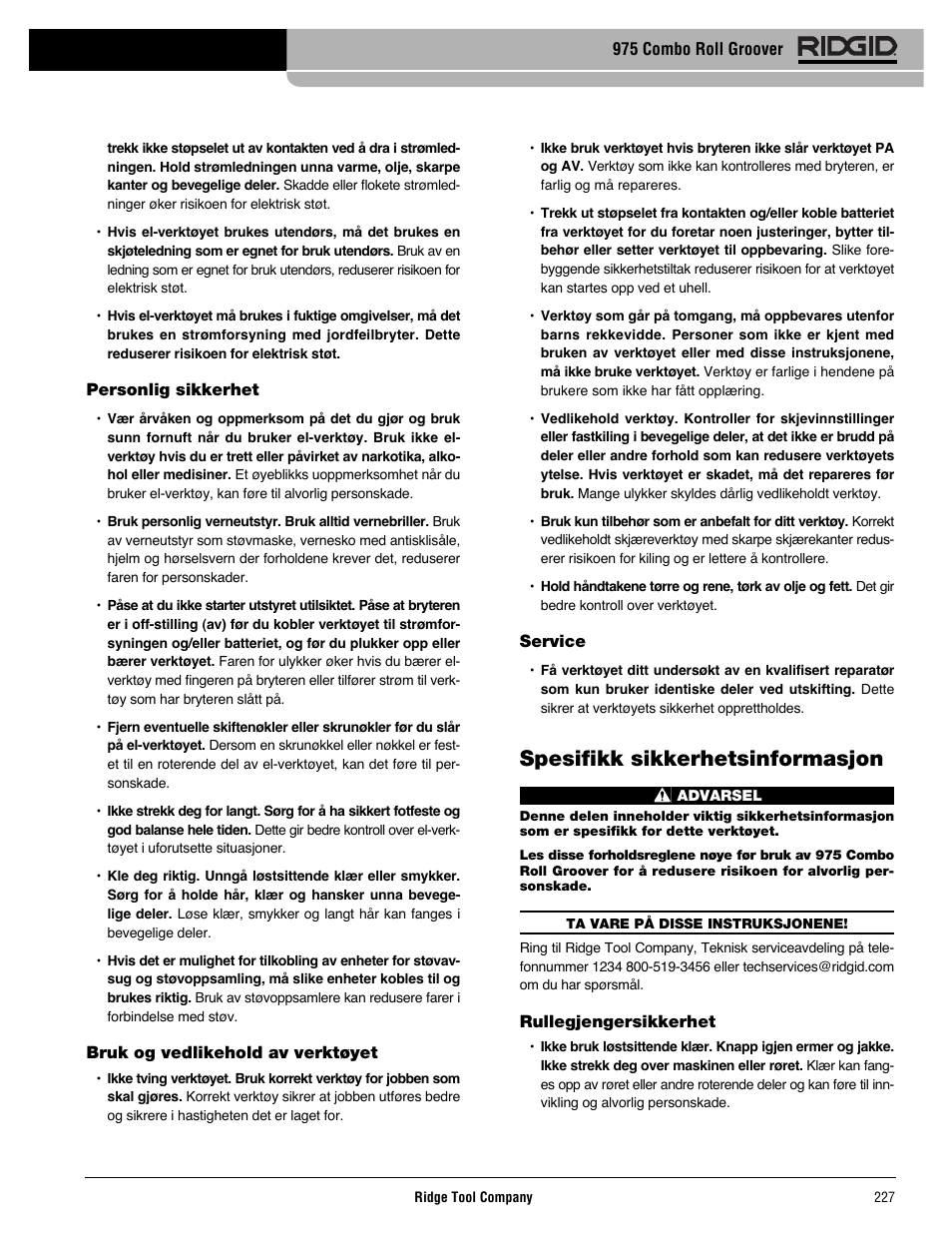 Spesifikk sikkerhetsinformasjon | RIDGID Combo Roll Groover User Manual | Page 229 / 490