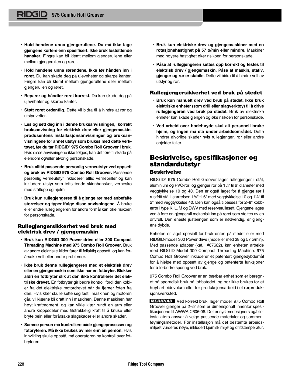 Beskrivelse, spesifikasjoner og standardutstyr | RIDGID Combo Roll Groover User Manual | Page 230 / 490