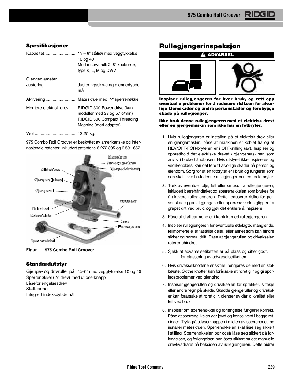 Rullegjengerinspeksjon, Spesifikasjoner, Standardutstyr | 975 combo roll groover | RIDGID Combo Roll Groover User Manual | Page 231 / 490