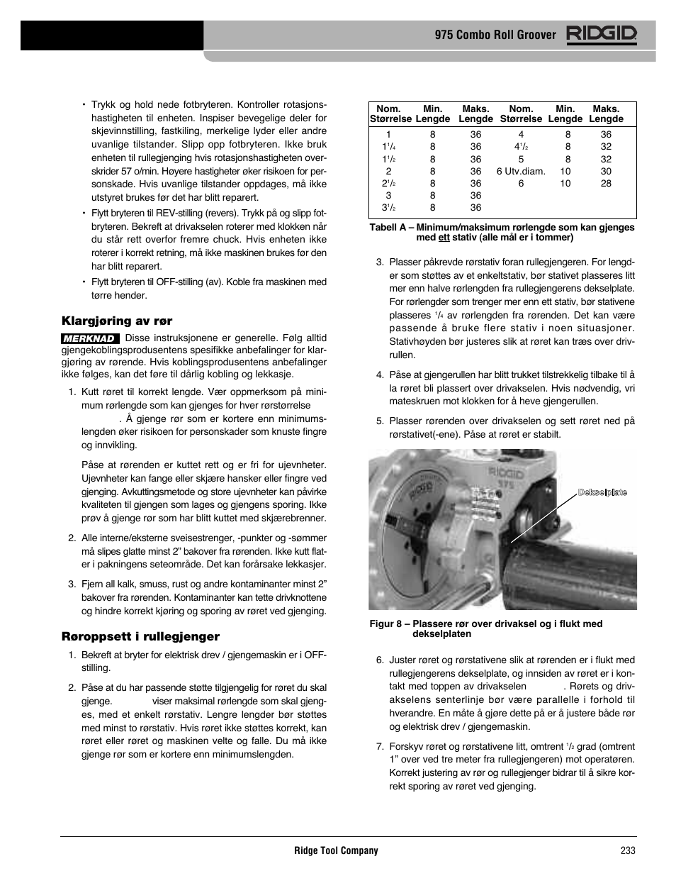 Klargjøring av rør, Røroppsett i rullegjenger, 975 combo roll groover | RIDGID Combo Roll Groover User Manual | Page 235 / 490