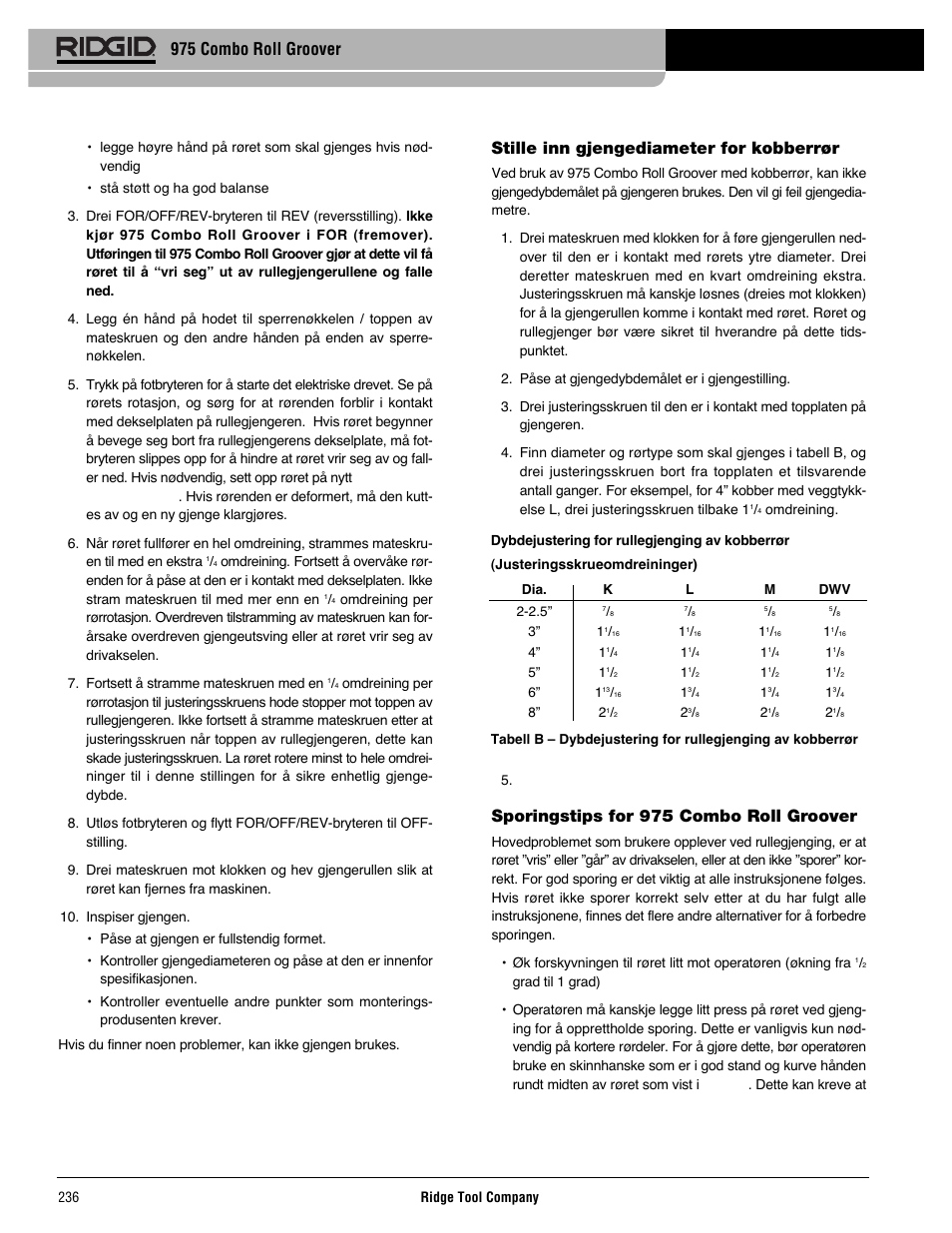 Stille inn gjengediameter for kobberrør, Sporingstips for 975 combo roll groover, 975 combo roll groover | RIDGID Combo Roll Groover User Manual | Page 238 / 490