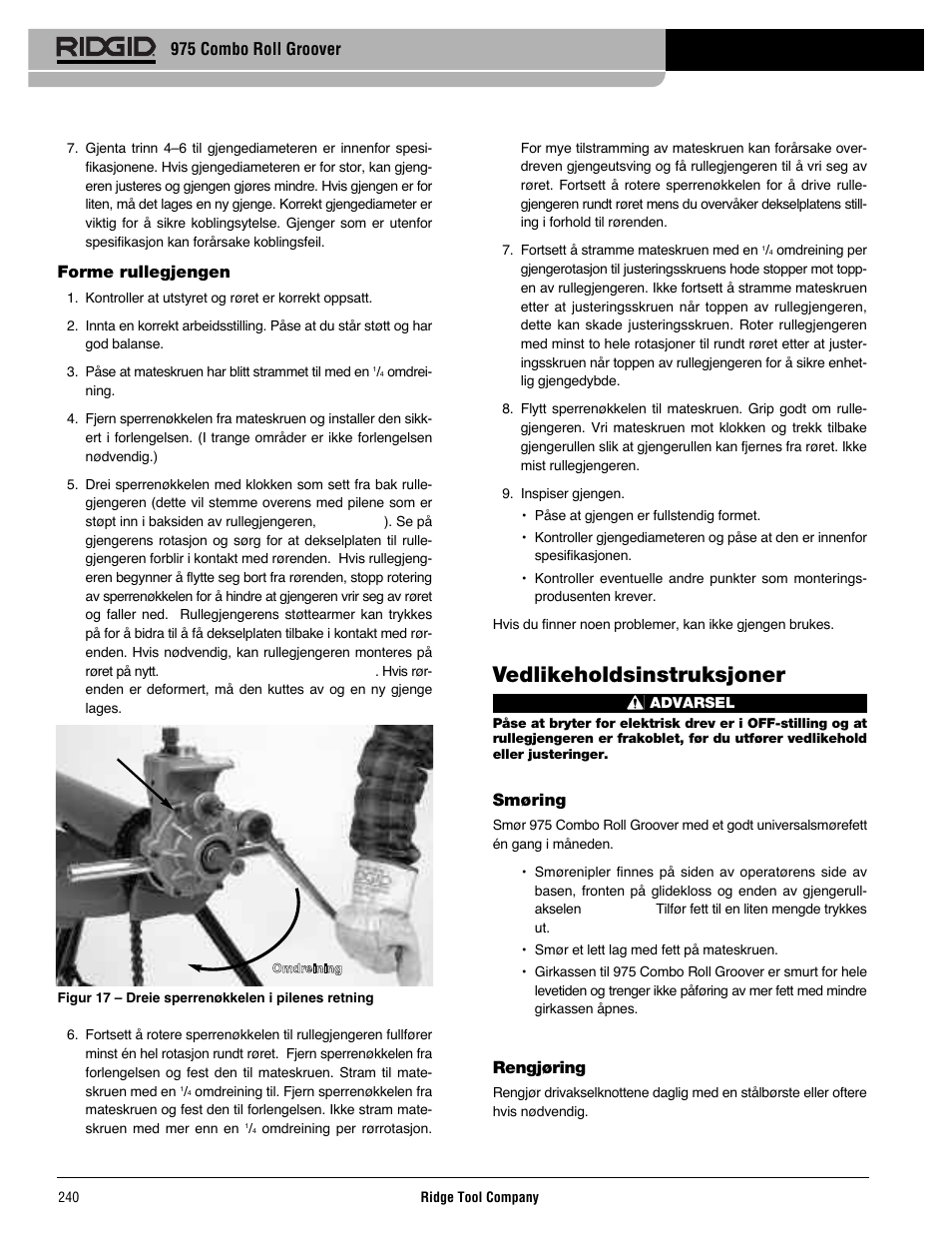 Vedlikeholdsinstruksjoner | RIDGID Combo Roll Groover User Manual | Page 242 / 490