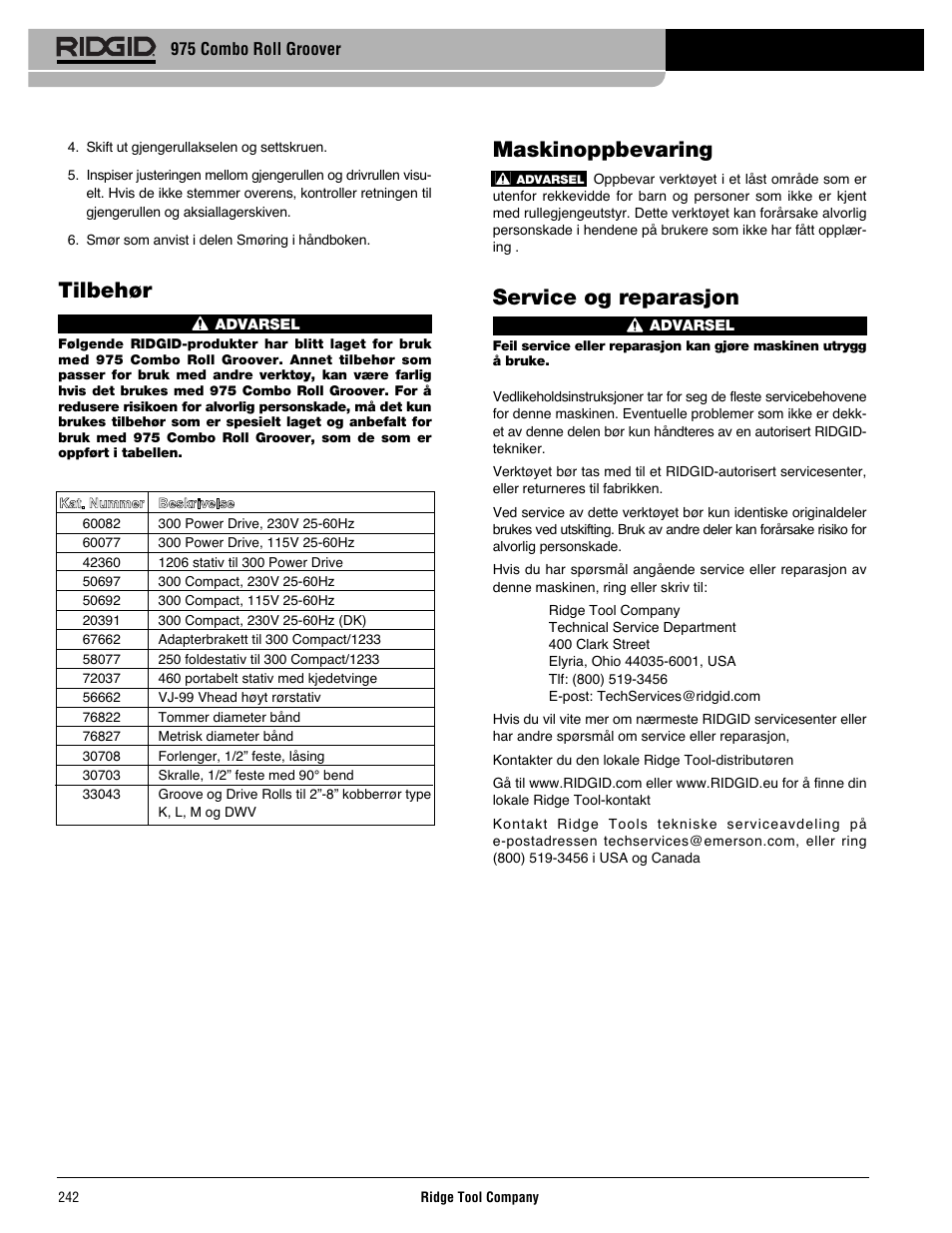 Maskinoppbevaring, Service og reparasjon, Tilbehør | RIDGID Combo Roll Groover User Manual | Page 244 / 490