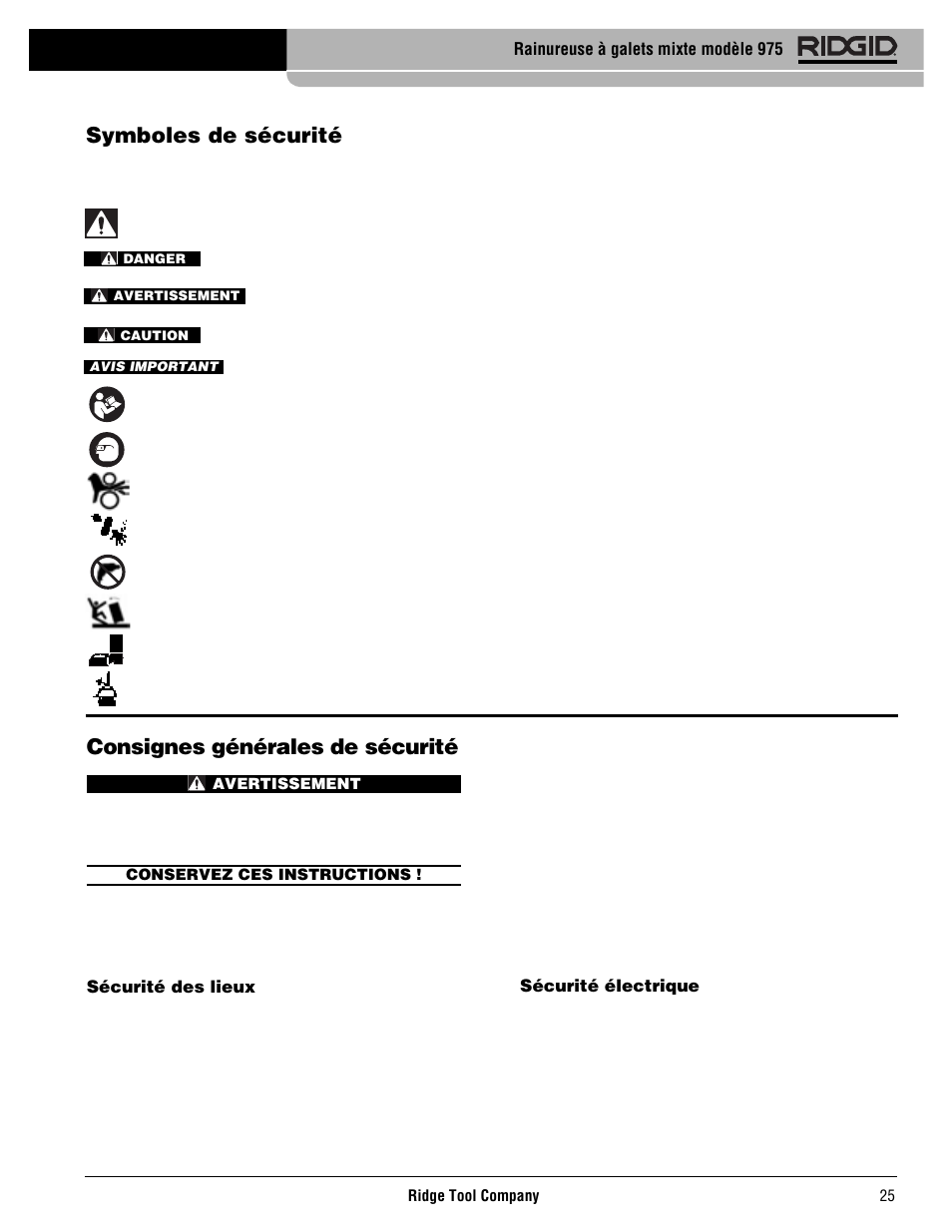 Consignes générales de sécurité, Symboles de sécurité | RIDGID Combo Roll Groover User Manual | Page 27 / 490