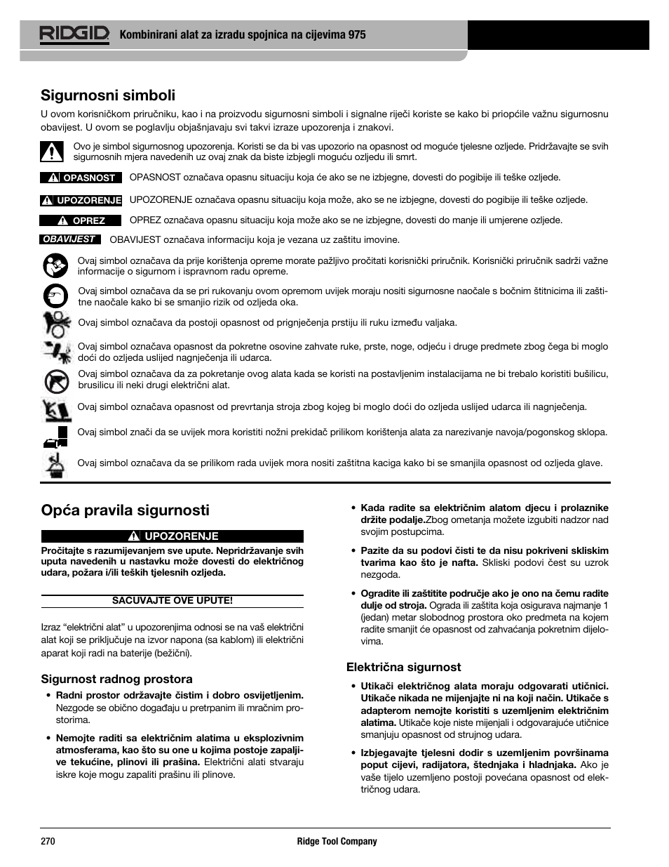 Opća pravila sigurnosti, Sigurnosni simboli | RIDGID Combo Roll Groover User Manual | Page 272 / 490