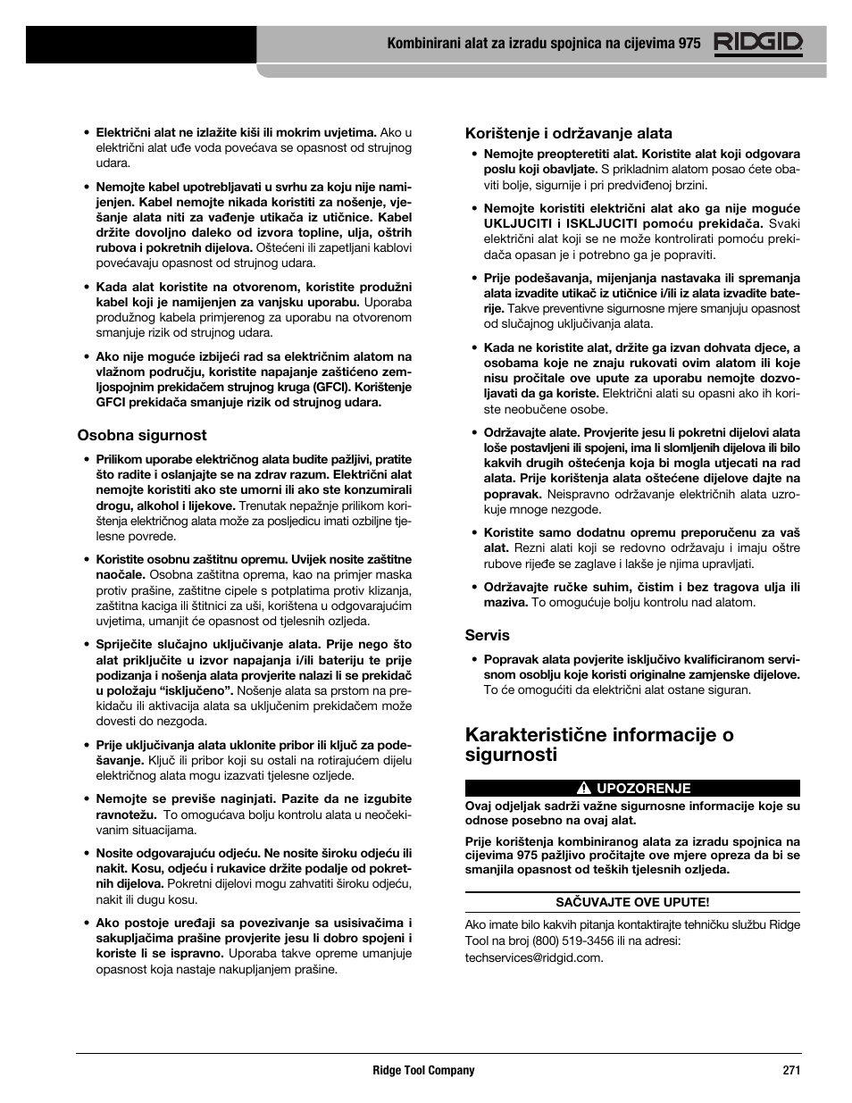 Karakteristične informacije o sigurnosti | RIDGID Combo Roll Groover User Manual | Page 273 / 490