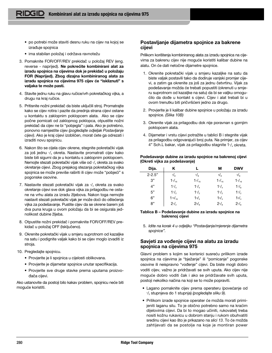 Postavljanje dijametra spojnice za bakrene cijevi | RIDGID Combo Roll Groover User Manual | Page 282 / 490
