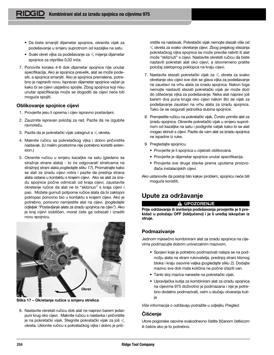 Upute za održavanje, Oblikovanje spojnice cijevi, Podmazivanje | Čišćenje | RIDGID Combo Roll Groover User Manual | Page 286 / 490