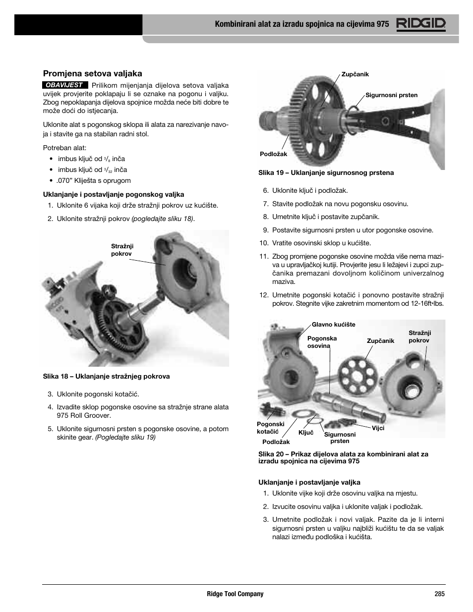 Promjena setova valjaka | RIDGID Combo Roll Groover User Manual | Page 287 / 490