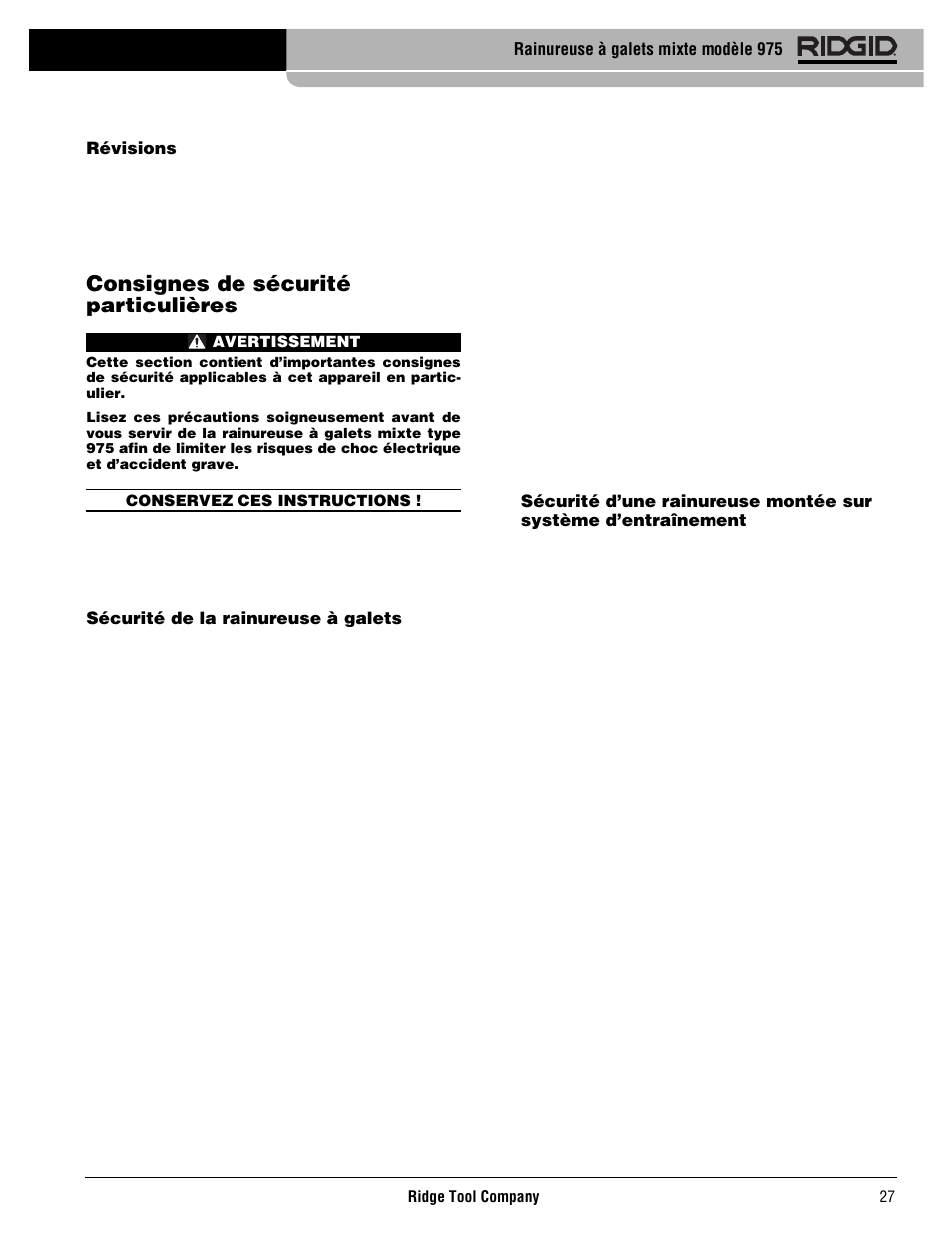 Consignes de sécurité particulières | RIDGID Combo Roll Groover User Manual | Page 29 / 490