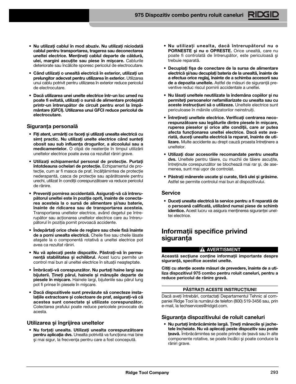 Informaţii specifice privind siguranţa | RIDGID Combo Roll Groover User Manual | Page 295 / 490