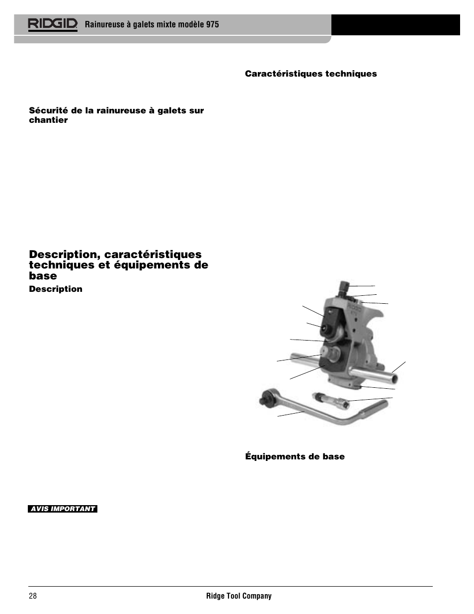 Rainureuse à galets mixte modèle 975, Sécurité de la rainureuse à galets sur chantier, Description | Caractéristiques techniques, Équipements de base | RIDGID Combo Roll Groover User Manual | Page 30 / 490