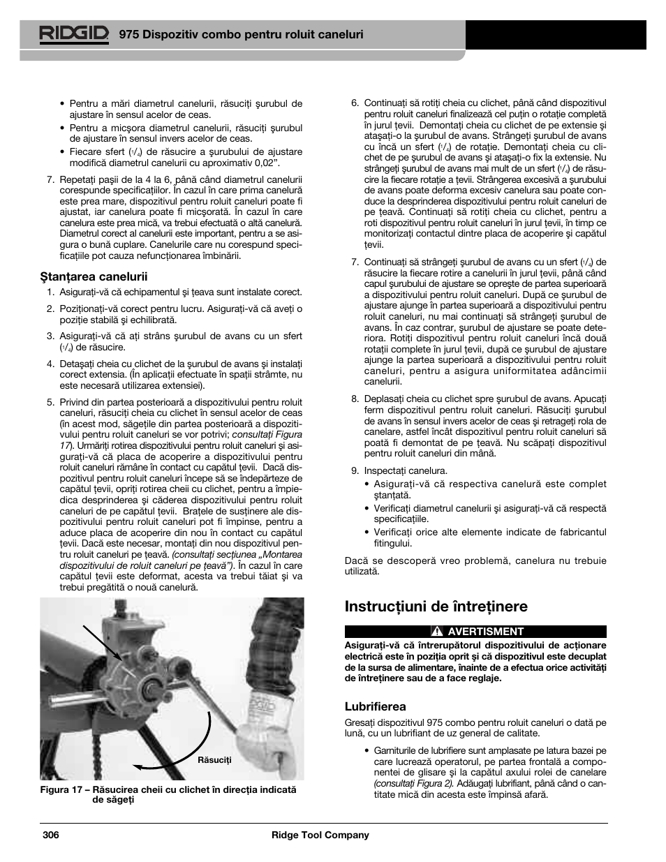 Instrucţiuni de întreţinere, 975 dispozitiv combo pentru roluit caneluri, Ştanţarea canelurii | Lubrifierea | RIDGID Combo Roll Groover User Manual | Page 308 / 490