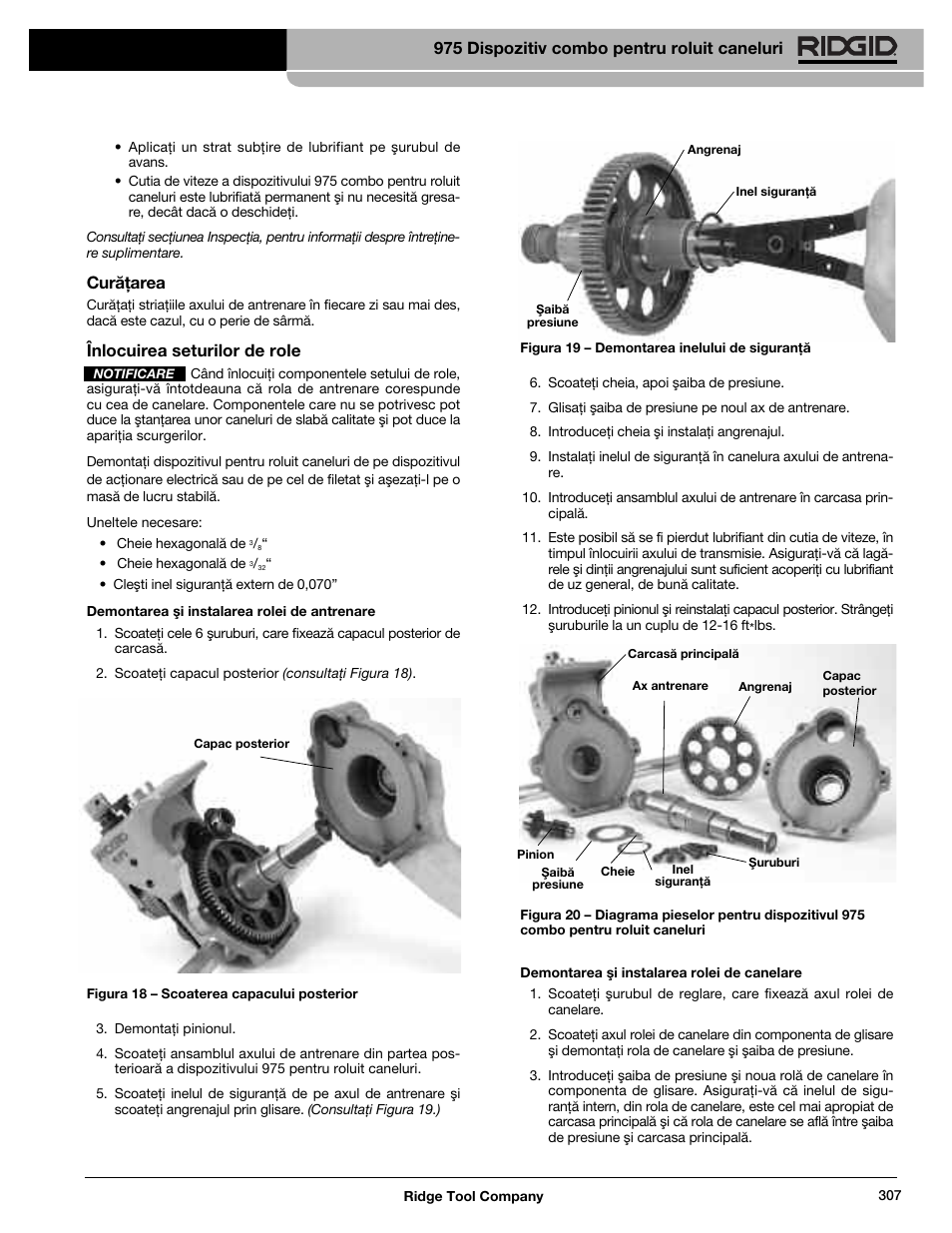 Curăţarea, Înlocuirea seturilor de role, 975 dispozitiv combo pentru roluit caneluri | RIDGID Combo Roll Groover User Manual | Page 309 / 490