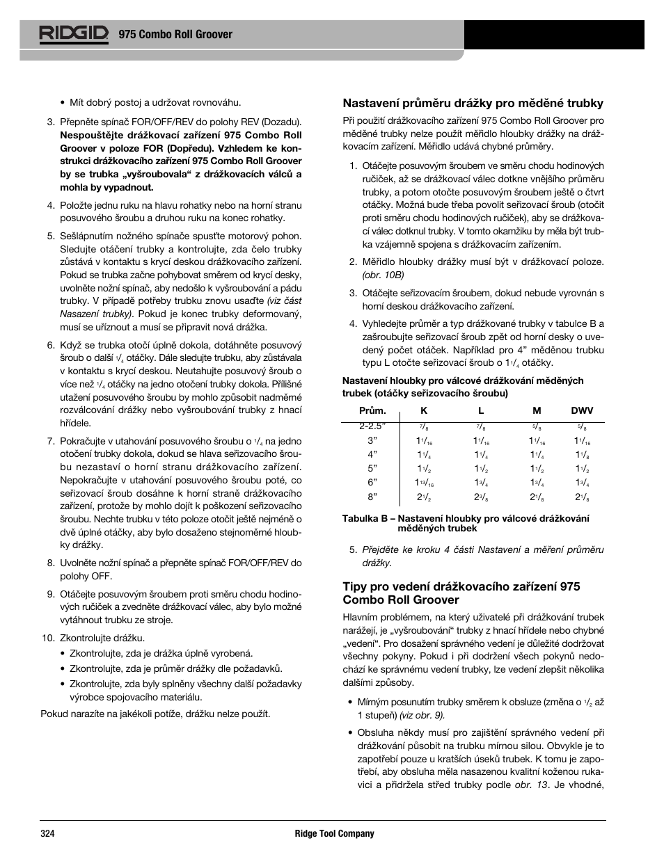 Nastavení průměru drážky pro měděné trubky, 975 combo roll groover | RIDGID Combo Roll Groover User Manual | Page 326 / 490