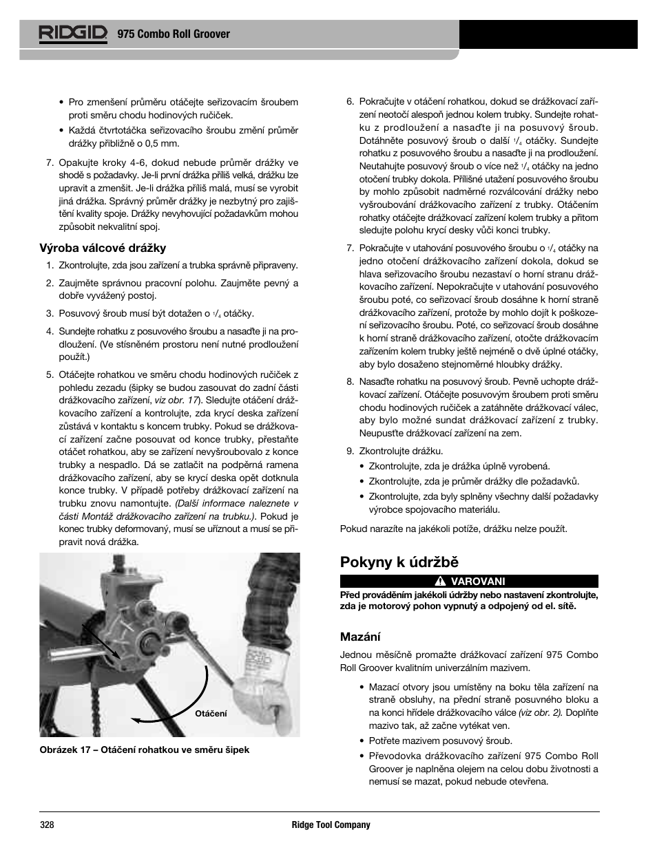 Pokyny k údržbě, 975 combo roll groover, Výroba válcové drážky | Mazání | RIDGID Combo Roll Groover User Manual | Page 330 / 490