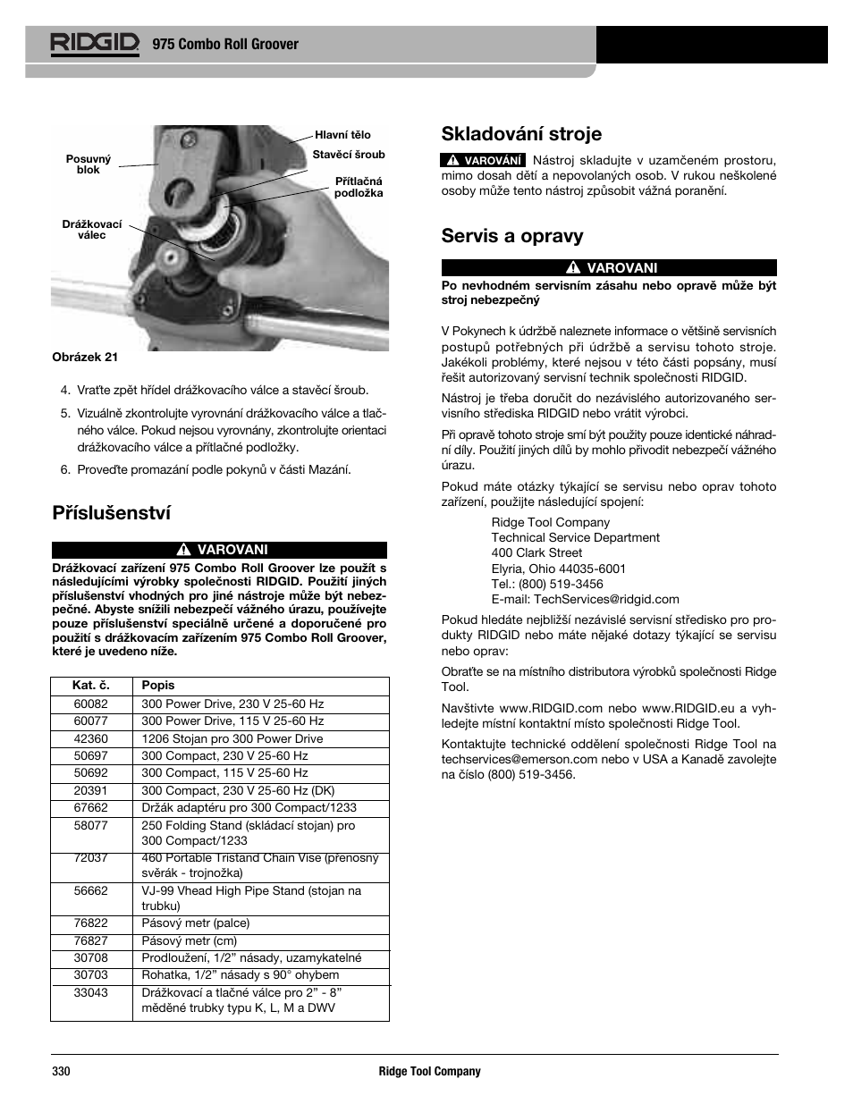 Skladování stroje, Servis a opravy, Příslušenství | 975 combo roll groover | RIDGID Combo Roll Groover User Manual | Page 332 / 490