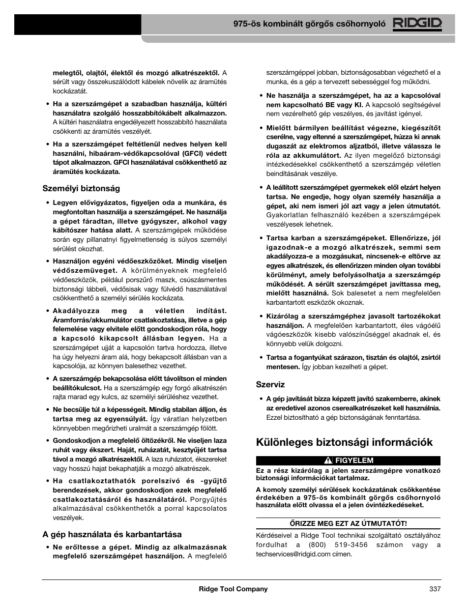 Különleges biztonsági információk | RIDGID Combo Roll Groover User Manual | Page 339 / 490