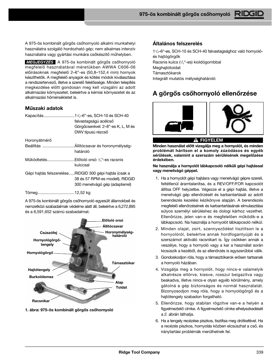 A görgős csőhornyoló ellenőrzése, Műszaki adatok, Általános felszerelés | Ös kombinált görgős csőhornyoló | RIDGID Combo Roll Groover User Manual | Page 341 / 490