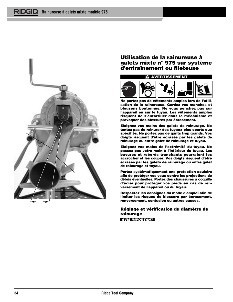 Utilisation de la rainureuse à galets mixte n, 975 sur système d’entraînement ou fileteuse | RIDGID Combo Roll Groover User Manual | Page 36 / 490