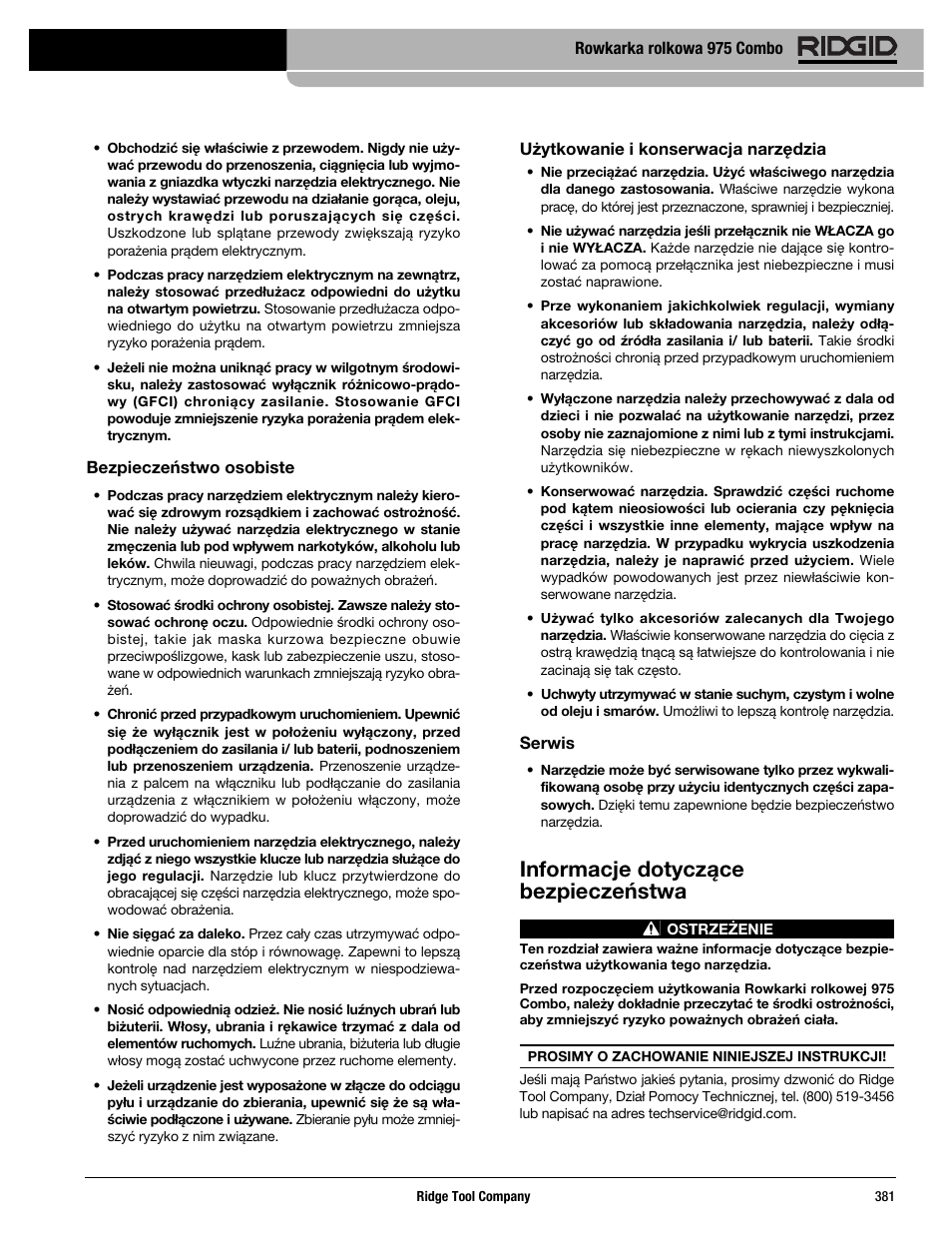 Informacje dotyczące bezpieczeństwa | RIDGID Combo Roll Groover User Manual | Page 383 / 490