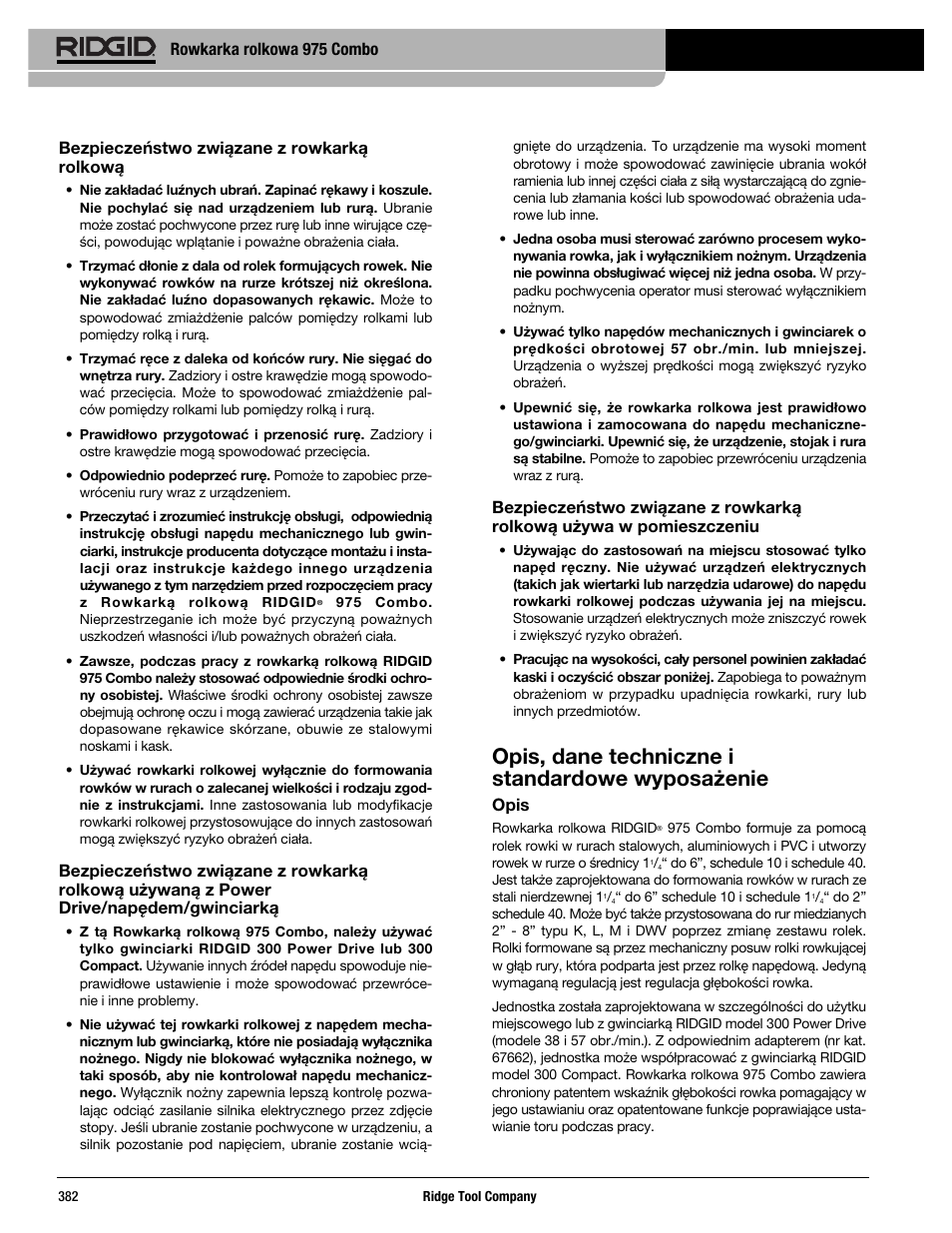 Opis, dane techniczne i standardowe wyposażenie | RIDGID Combo Roll Groover User Manual | Page 384 / 490