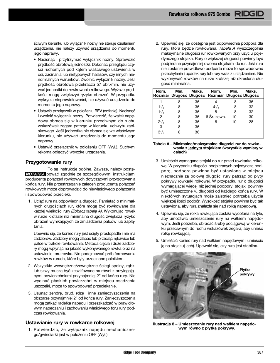 Przygotowanie rury, Ustawianie rury w rowkarce rolkowej, Rowkarka rolkowa 975 combo | RIDGID Combo Roll Groover User Manual | Page 389 / 490