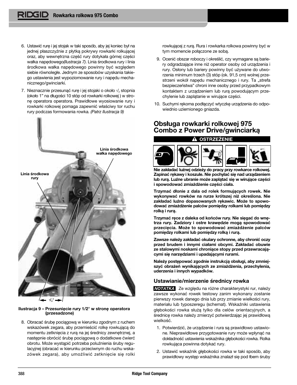 Rowkarka rolkowa 975 combo, Ustawianie/mierzenie średnicy rowka | RIDGID Combo Roll Groover User Manual | Page 390 / 490