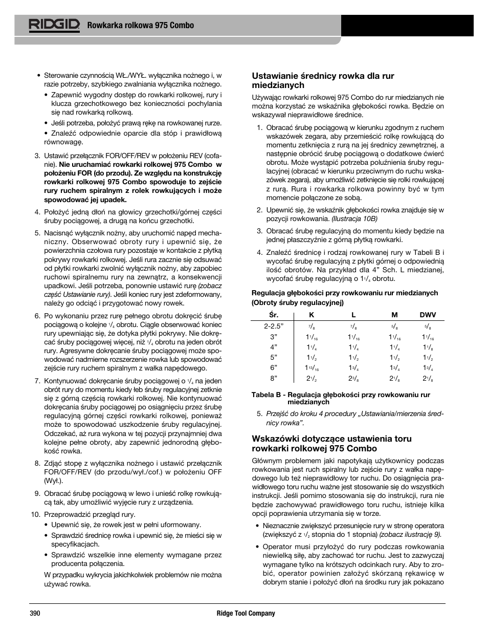 Ustawianie średnicy rowka dla rur miedzianych, Rowkarka rolkowa 975 combo | RIDGID Combo Roll Groover User Manual | Page 392 / 490