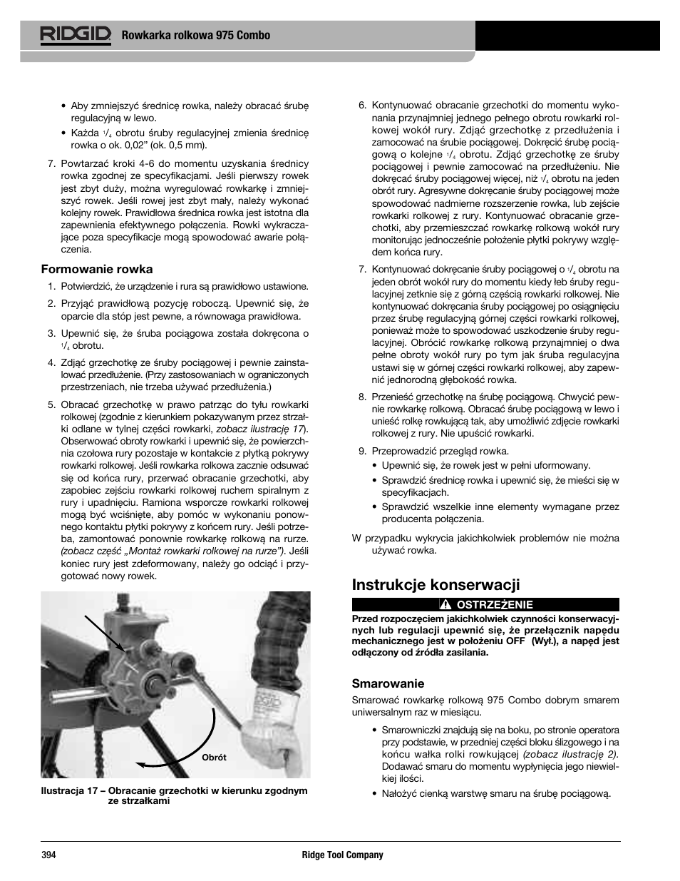 Instrukcje konserwacji, Rowkarka rolkowa 975 combo, Formowanie rowka | Smarowanie | RIDGID Combo Roll Groover User Manual | Page 396 / 490