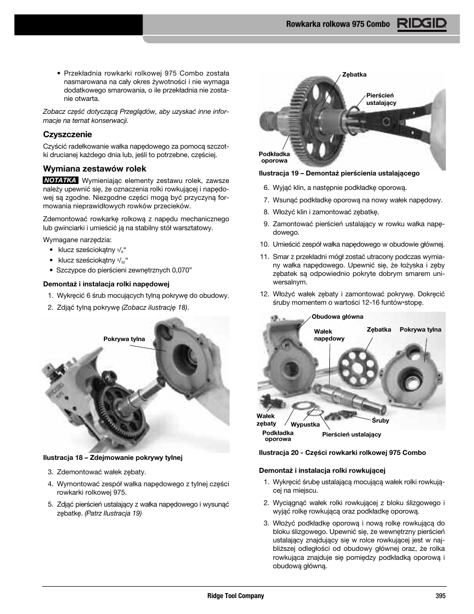 Czyszczenie, Wymiana zestawów rolek, Rowkarka rolkowa 975 combo | RIDGID Combo Roll Groover User Manual | Page 397 / 490