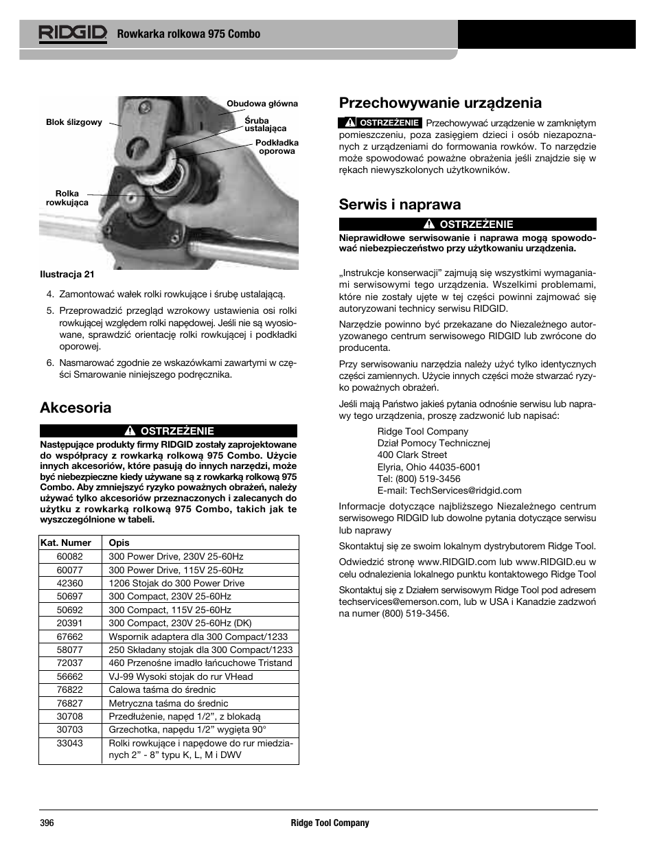Przechowywanie urządzenia, Serwis i naprawa, Akcesoria | Rowkarka rolkowa 975 combo | RIDGID Combo Roll Groover User Manual | Page 398 / 490