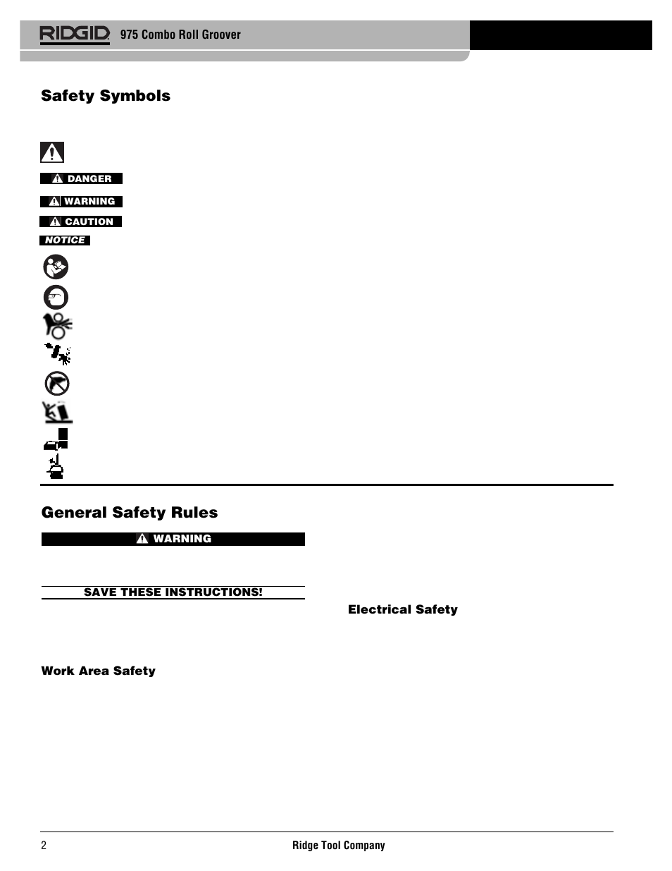 General safety rules, Safety symbols | RIDGID Combo Roll Groover User Manual | Page 4 / 490