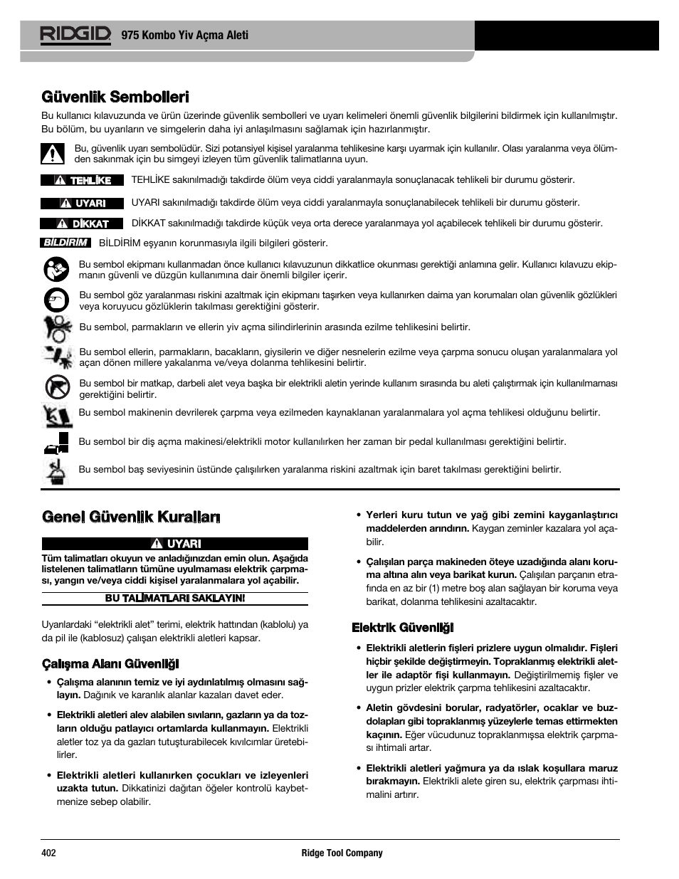 Genel güvenlik kuralları, Güvenlik sembolleri | RIDGID Combo Roll Groover User Manual | Page 404 / 490