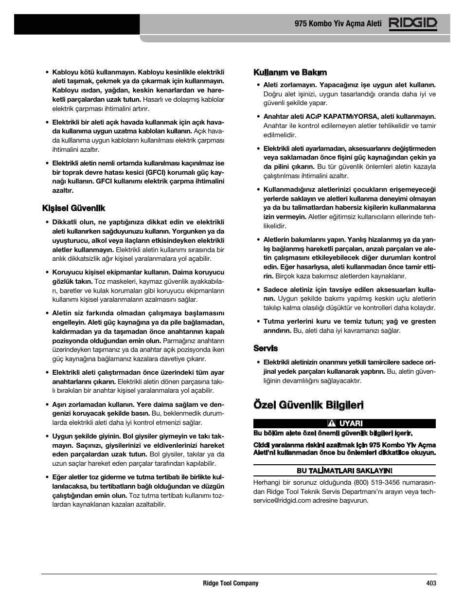 Özel güvenlik bilgileri | RIDGID Combo Roll Groover User Manual | Page 405 / 490